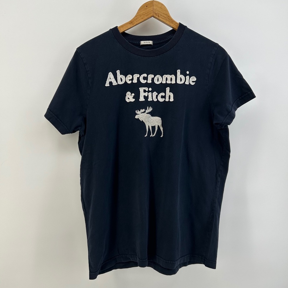Abercrombie & Fitch Mens XL Navy Blue Muscle Fit Embroidered Logo Moose T-Shirt